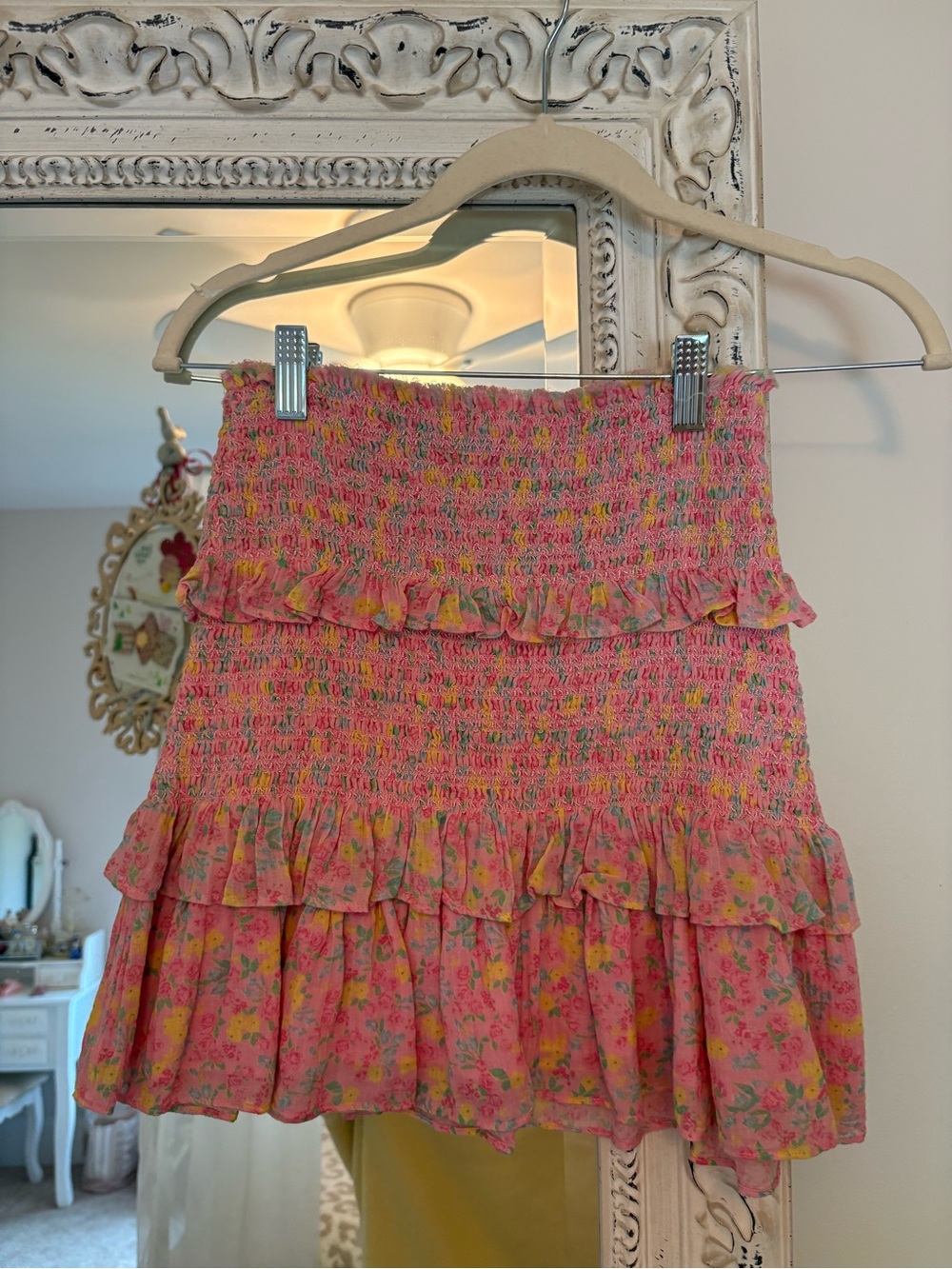 LoveShackFancy Pink Floral Smocked Ruffle Mini Skirt